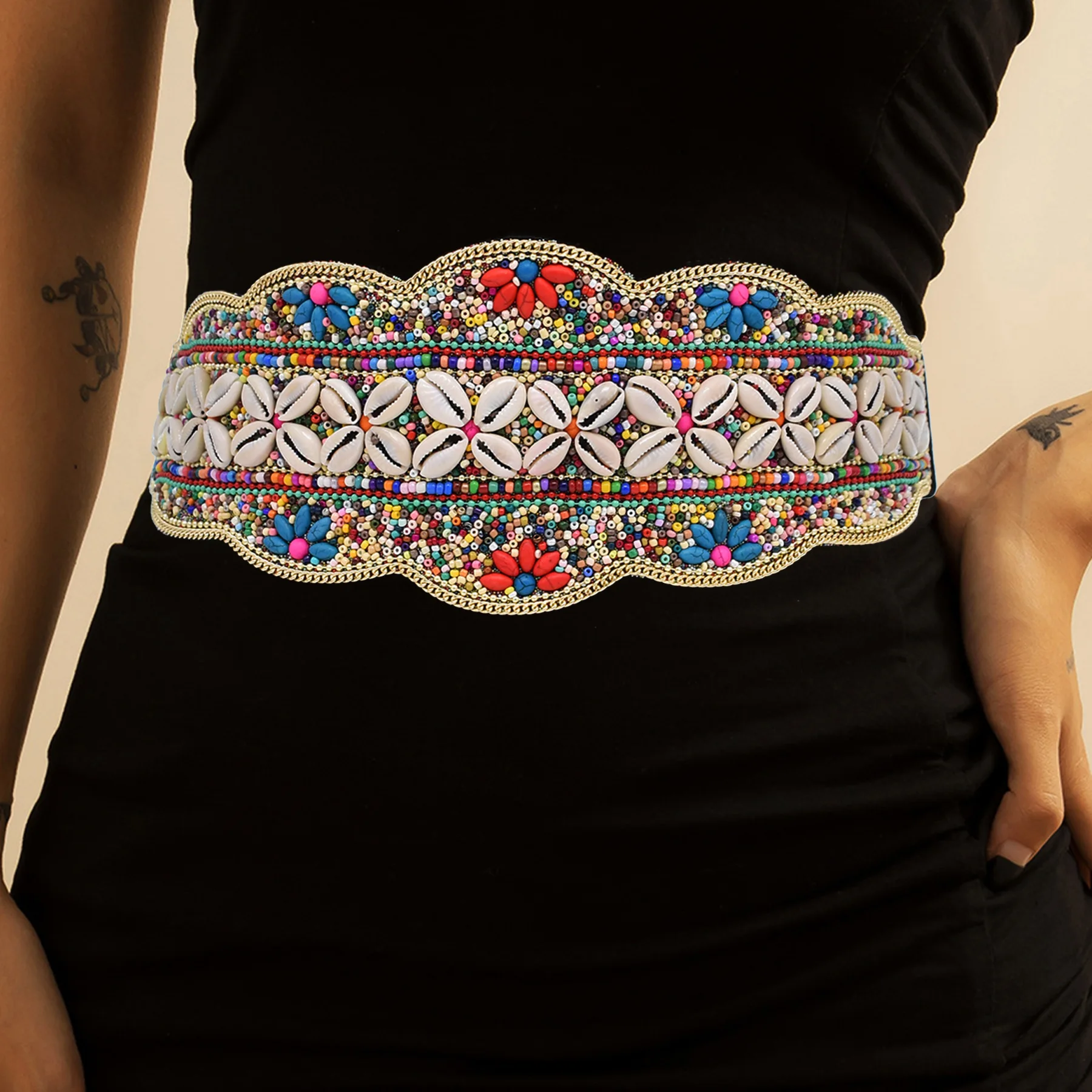 New Vintage Body Jewelry Belts Women Handmade Beaded Flower Adjustable Belt Ethnic Elastic Ladies Dress Beaded Waist Belt