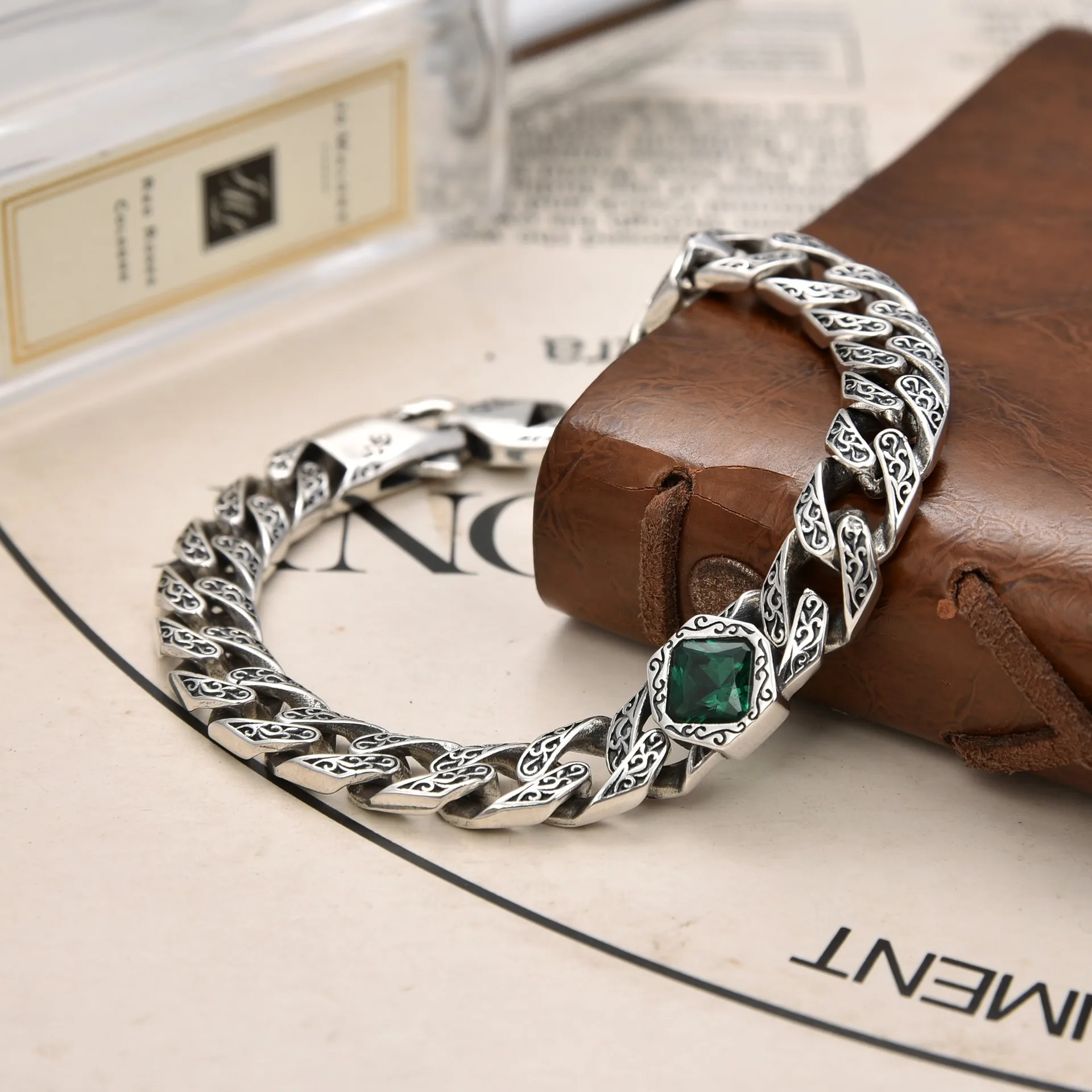 S925 Sterling silver niche design to do old personality Haba with blue green black gem Tank Guba bracelet for men and women