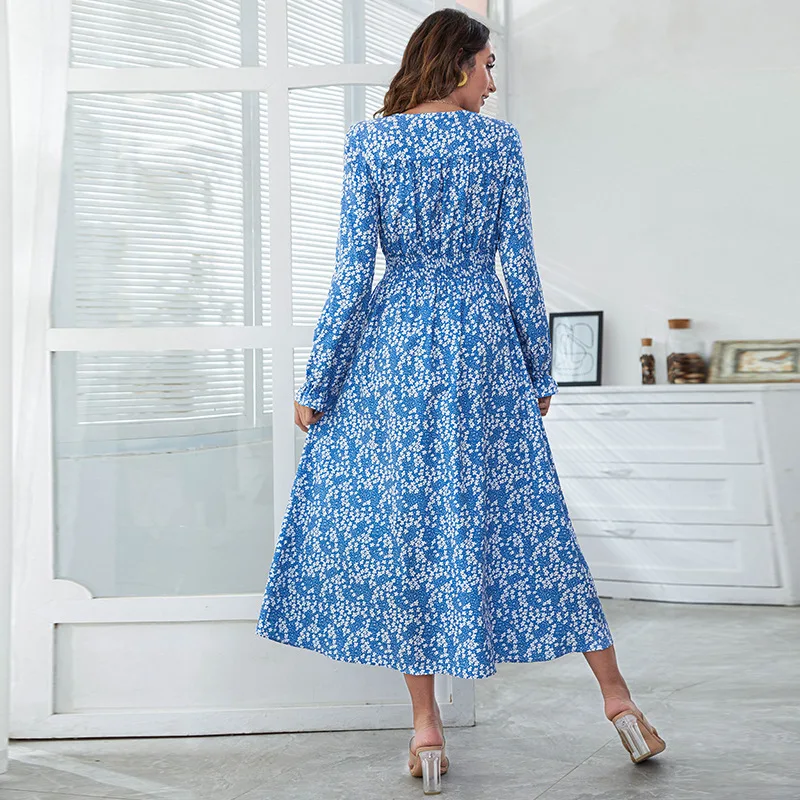 Amazon cross-border foreign trade spring new product V-neck high-waist printing irregular split dress fashion long dress