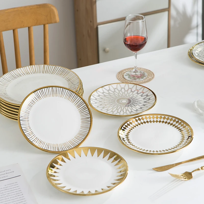 Luxury Nordic Gold Rim Design Ceramic Tableware Dinner Dishes Plates Set 8in 10inch Porcelain Steak Dessert Plates for Wedding