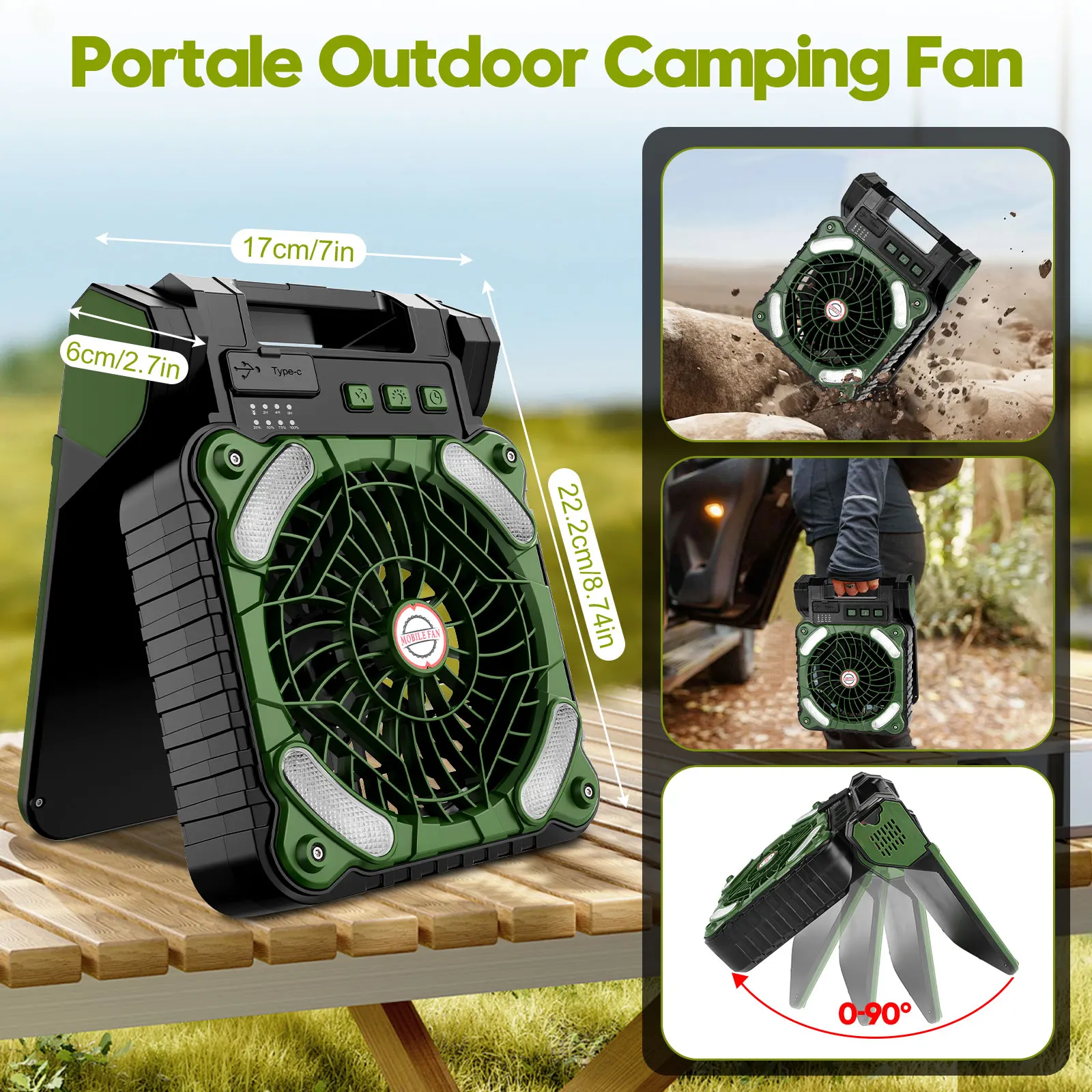Solar-Powered Camping Fan with LED Lantern 10400mAh Rechargeable Battery Timer Phone Charging and Eco-Friendly Fan