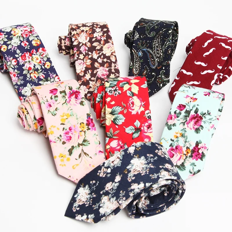 Hot Sale 6cm Wedding Party Skinny Necktie Casual Cotton Printed Ties Floral Printed Men Ties