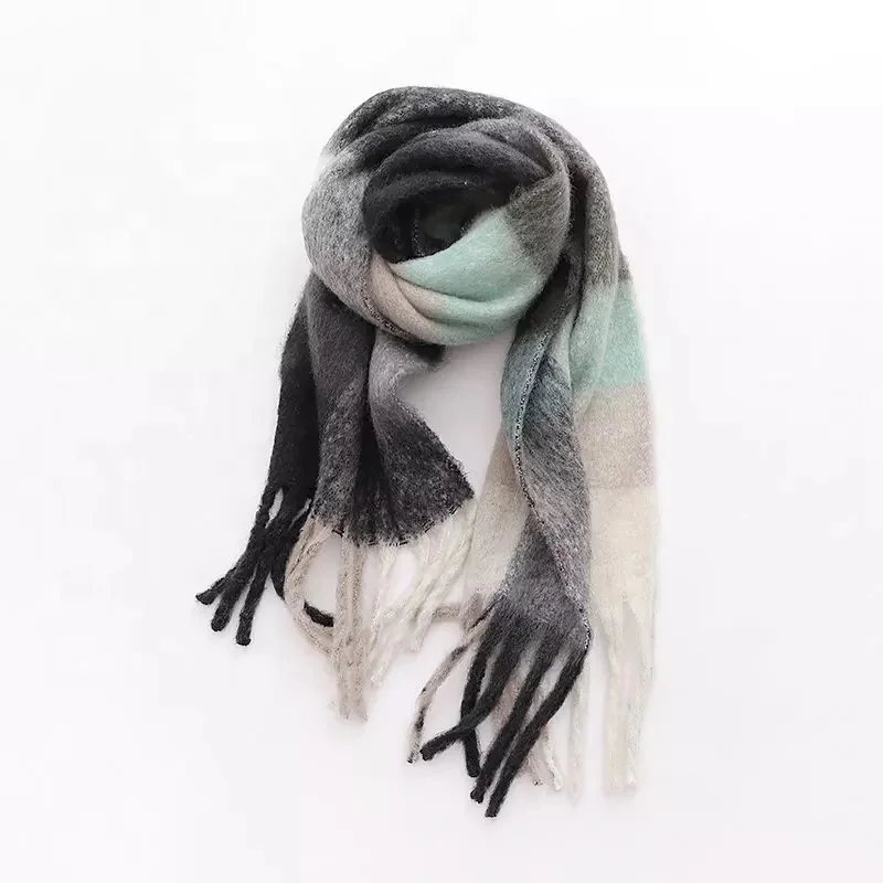 KENSHELLEY Hot Sale Thick Plaid Winter Scarf Adults Check Pattern Cashmere Scarf Urban Windproof Stylish Tassel Shawls Scarf