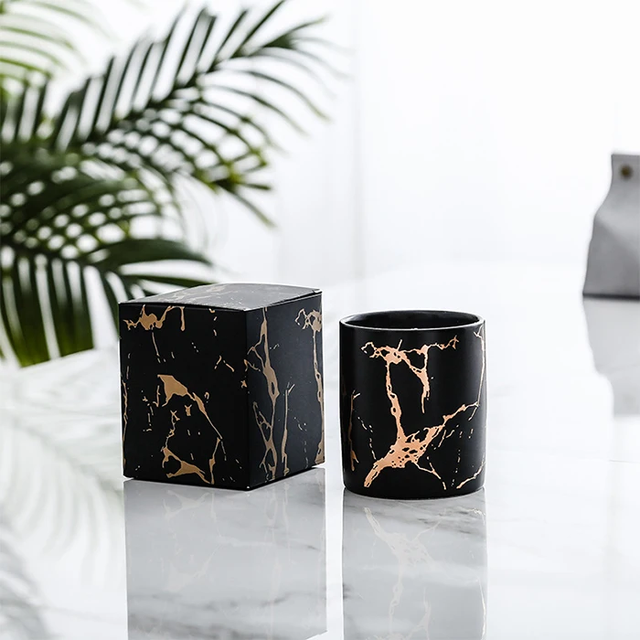 10oz Wholesale Matte Black and Gold Marble Ceramic Aroma Candle Jar Tin