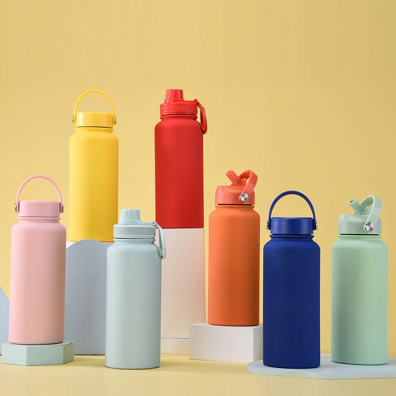 1L Insulated Water Bottle With Flip Straw 32OZ Stainless Steel Sports Water Cup Flask with 3 Lids Wide Mouth Travel Thermal Mug