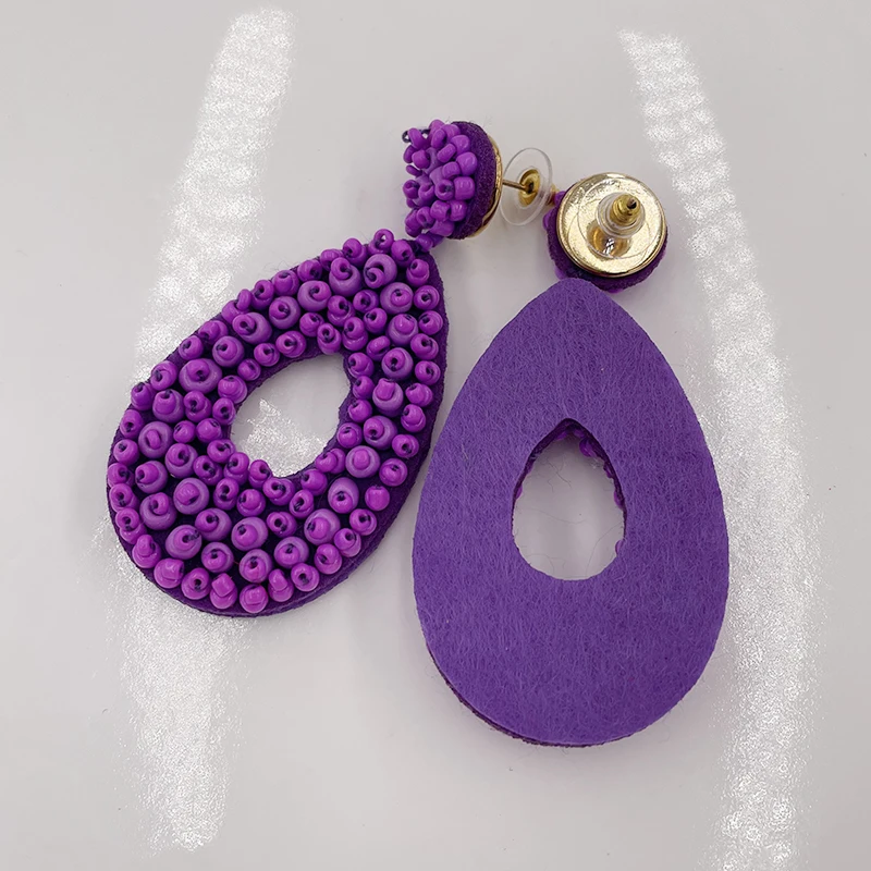 Statement Ethnic Bohemian Single Side Seed Rice Beads Geometric Oval Long Drop Earring for Women Handmade Fashion Jewelry