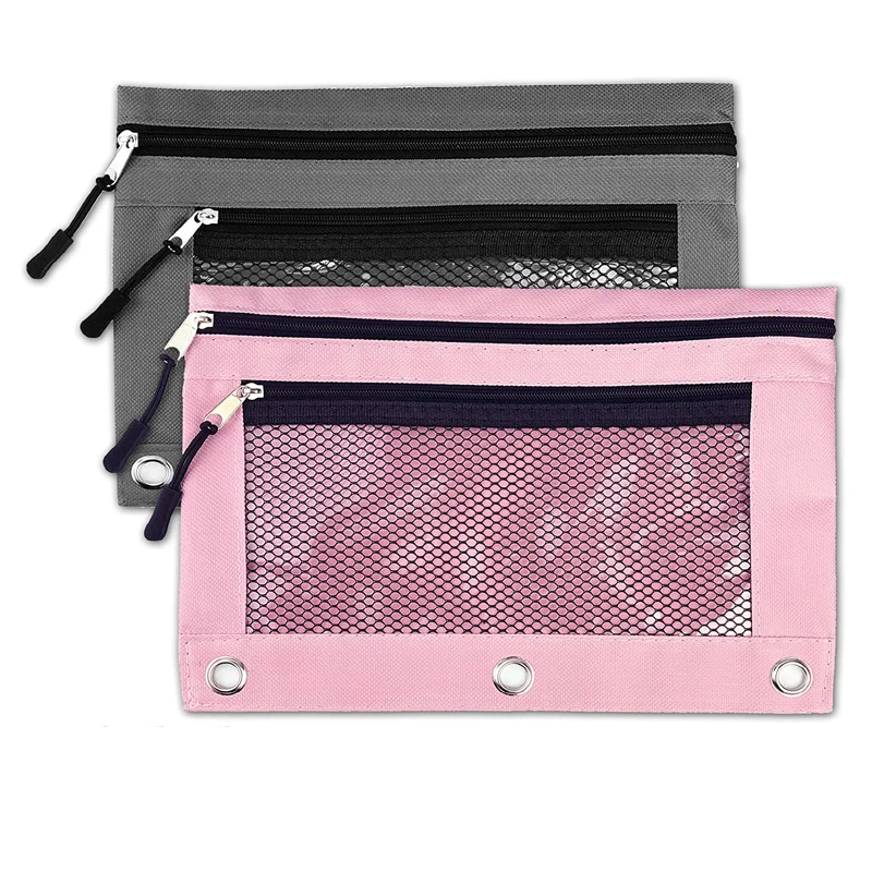 Gelory 3 Ring Zipper Pulls Double Pockets Pencil Case with Clear and Mesh Window Binder Pencil Pouches