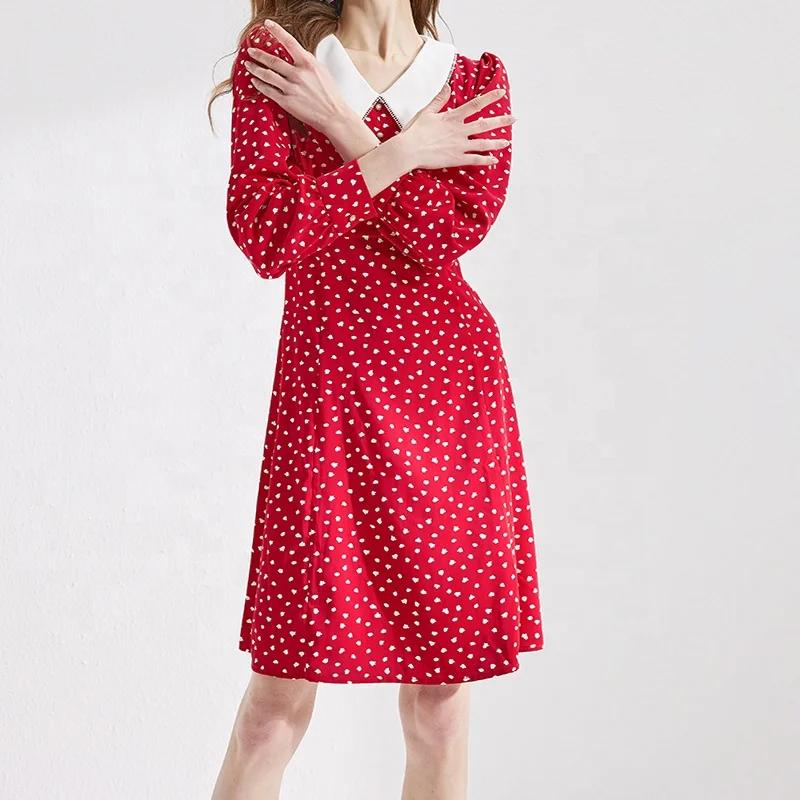 Huiquan/оптовая цена; Повседневная одежда для женщин; Элегантное красное Повседневное платье в горошек с длинными рукавами