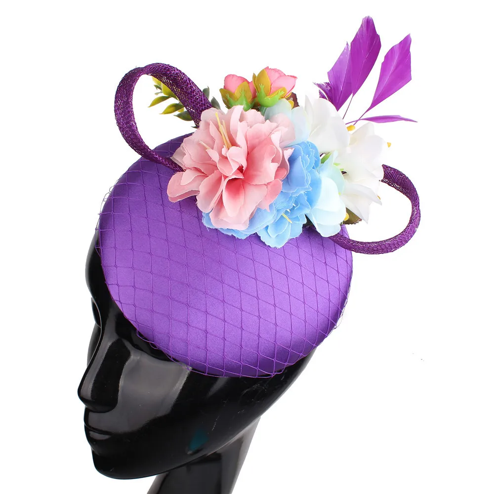 Women Phillbox Satin Top Artificial Flowers Fascinator Hat with Feather Tea Party Festival Headwear