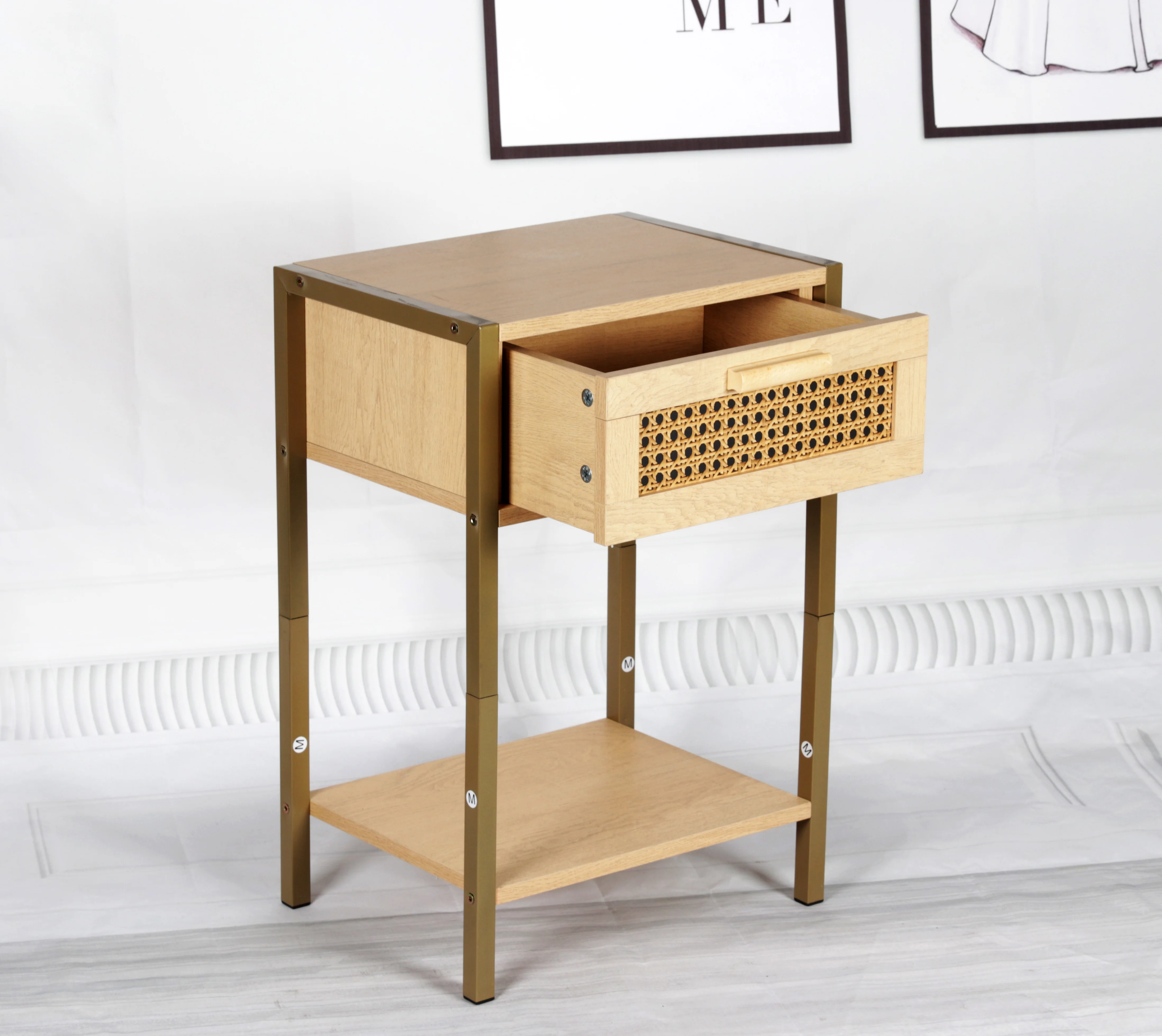 Modern  Bedroom Side Table-MDF Core with Drawer and Shelf  log style