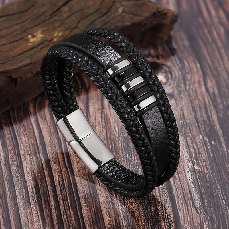 Jewelry Wholesale Punk 3 Layer Bangle Jewelry Stainless Steel Magnetic Buckle Wrap Braided Genuine Leather Bracelet Men