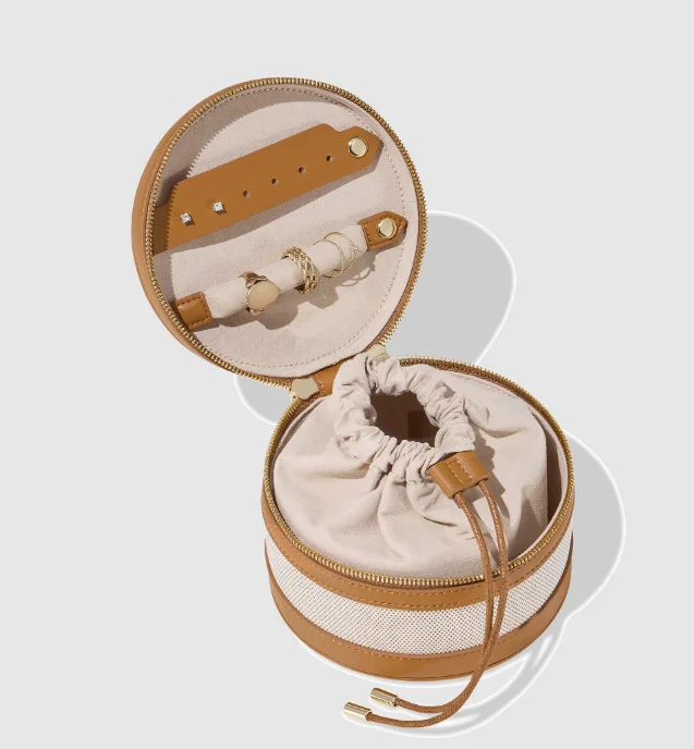 Classic design pu canvas travel jewellery organizer genuine leather portable mini jewelry case  round