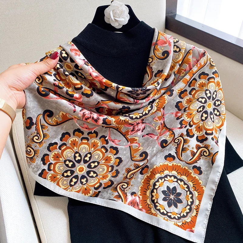 New Style Flower Print Silk Scarf 90*90cm Big Square Silk Scarf Summer Sunscreen Beach Shawl