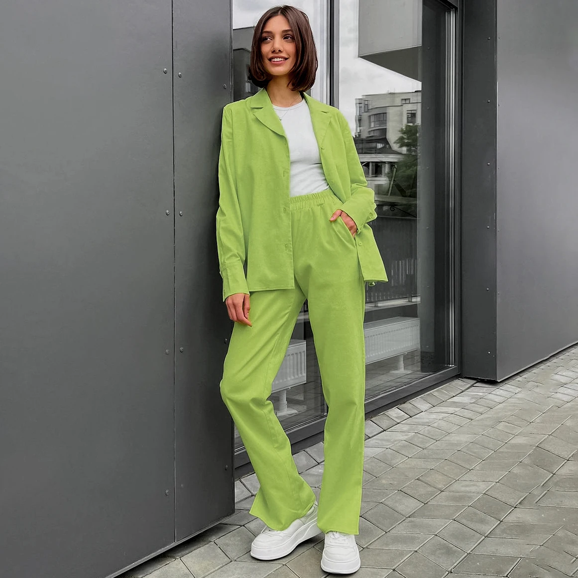 OOTN Ladies Pink Casual Set Lapel Long Sleeve Top and Loose Trousers Two Piece Office Women Elegant Commuter Two Piece Set