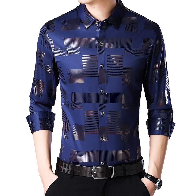 Модное Новое поступление, корейский стиль, приталенная Мужская блузка из полиэстера с длинным рукавом и принтом