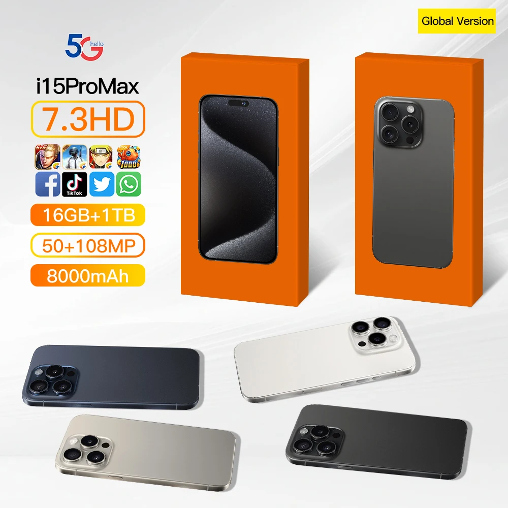 Original i15 phone 15 pro max neuf 7.3 inch 16GB + 1TB Clone smartphone 10-core celulares 15 pro max unlocked mobile phone