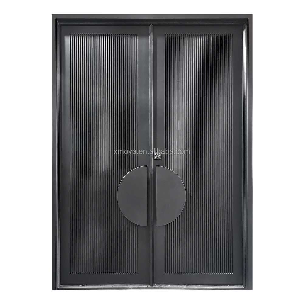 Entrance Door Wrought Iron Security Door Designs Anti-theft Explosion Proof Iron Modern Style Striped Glass Steel Swing Exterior