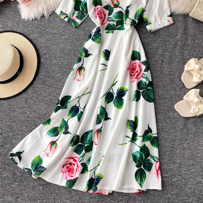 2022  Bohemian Stand Collar Lace-Up Dresses Women Casual Long Sleeves Woman Dress