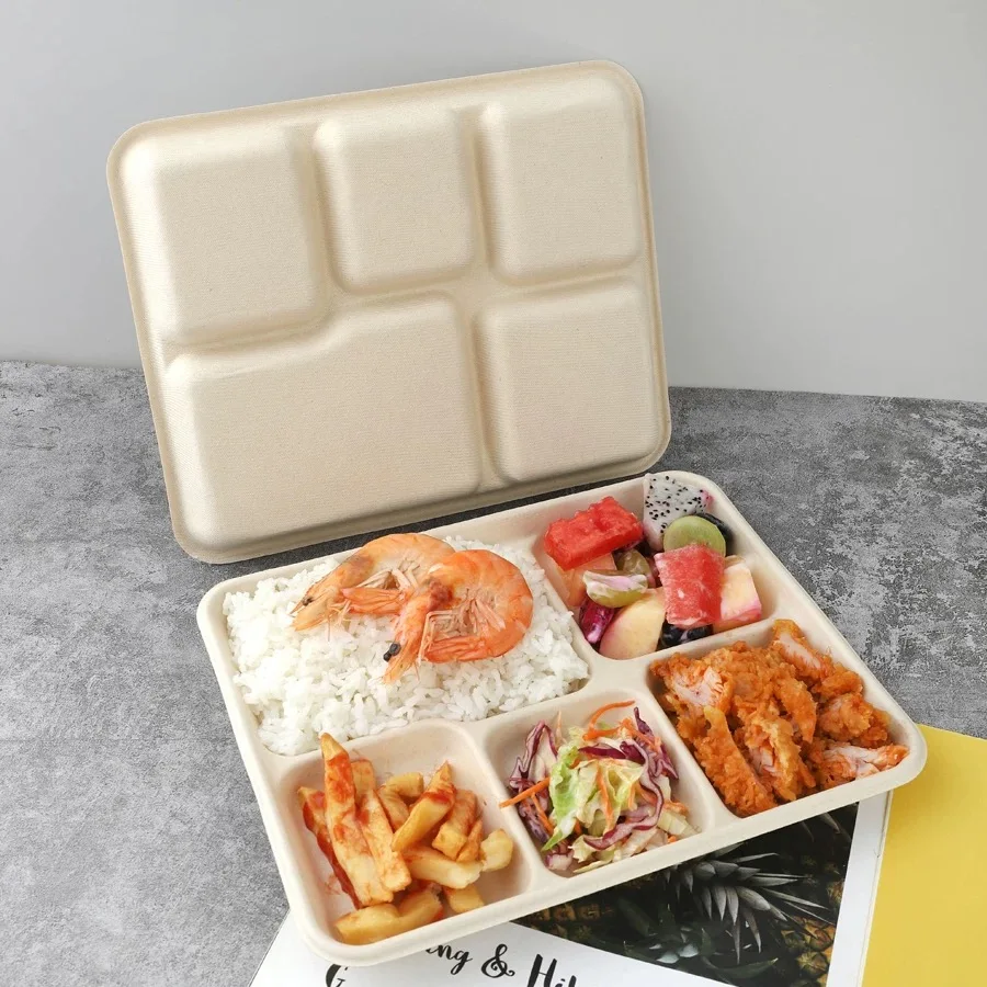Hot Sale Customizable 5 Compartment Disposable Sugarcane Bagasse Food Trays Biodegradable Plate Dish Sustainable Direct Factory
