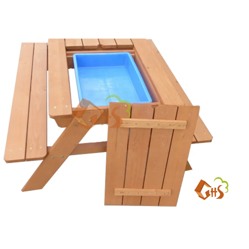 Children fir wood picnic table  with fabric umbrella and water basin plastic sand box
