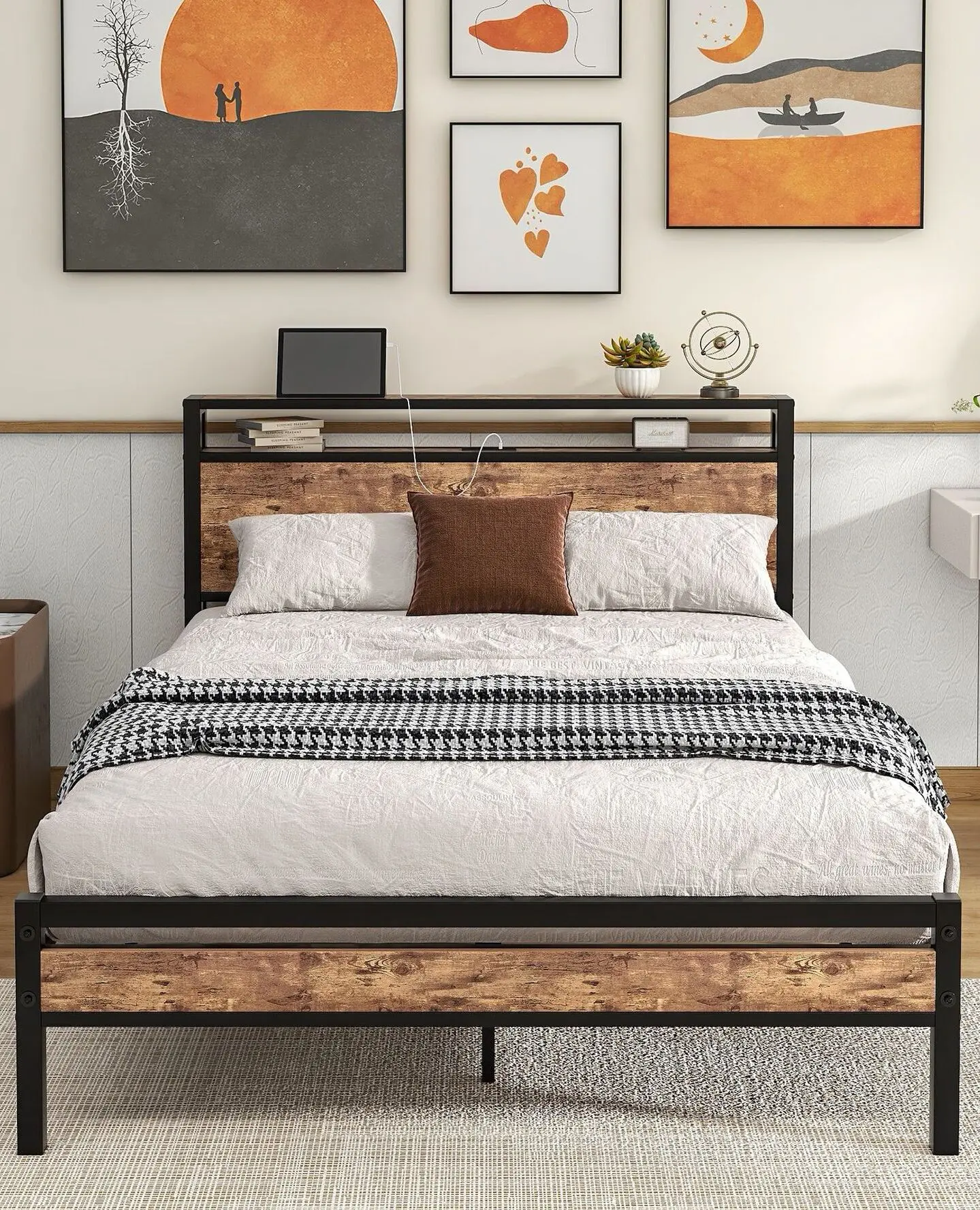 Home Used Queen Bed Frame with Type-C & 2 USB charging station,Metal Platform Bed with Headboard,Rustic Brown