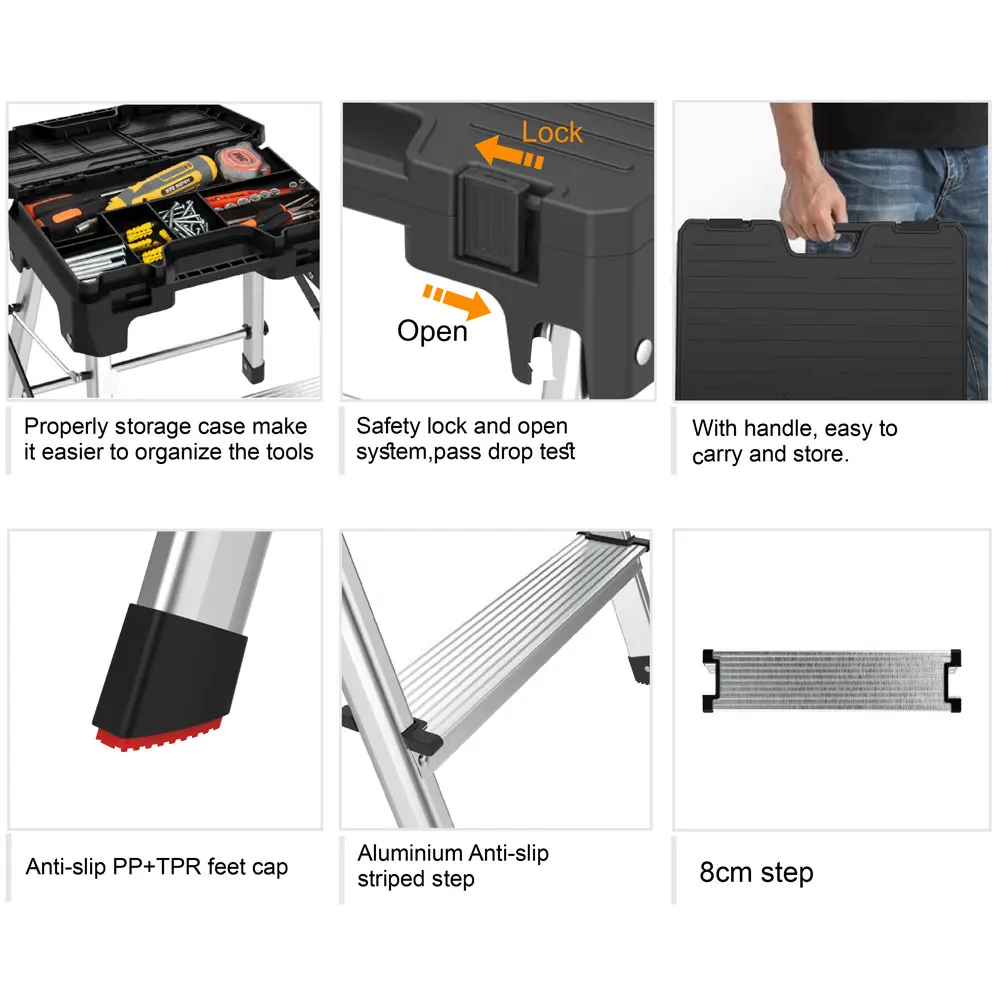 3 tier double sided aluminum folding portable stepladder 3 step stool ladder with tool box