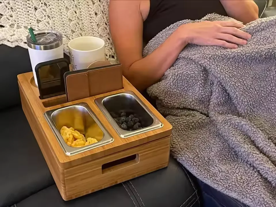 Snack Organizer Tray Bamboo Couch Caddy for Bed Car Seat Organizer for Snacks Beverage Remote