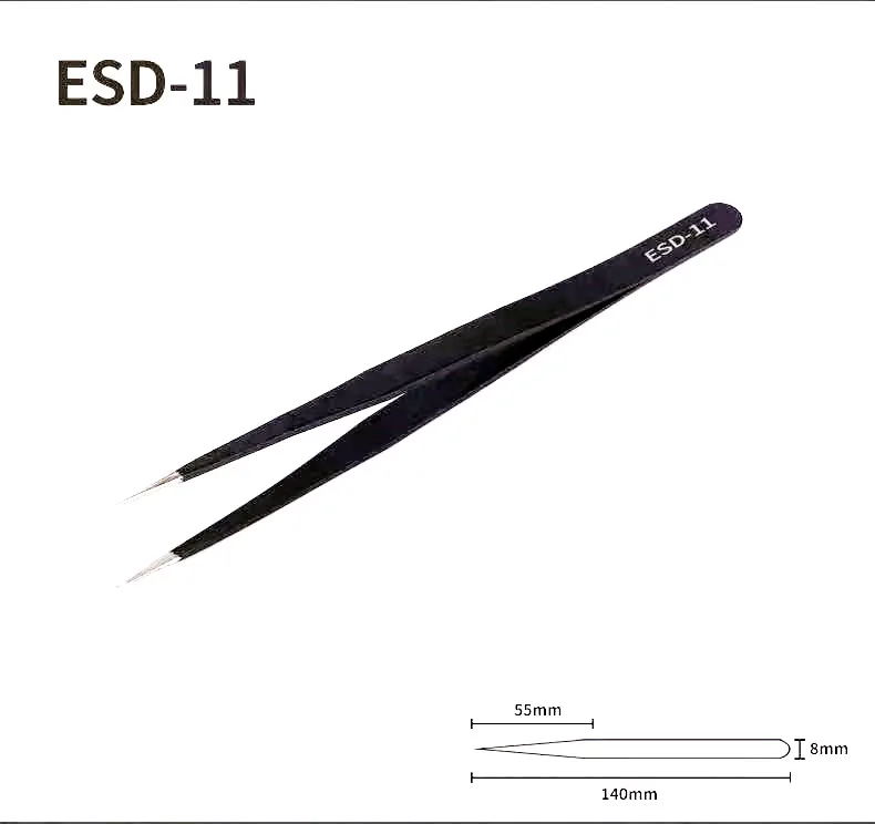 ESD-11 Black ESD Antistatic Stainless Steel Eyelash Extension Tweezers For Industrial Use