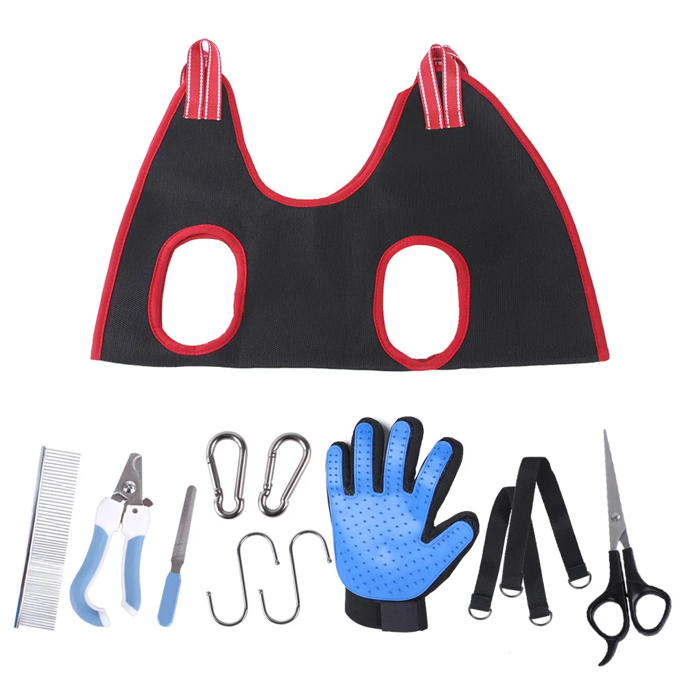 11 pcs Pet Red Style Dog Grooming Hammock Kit Comb Hair Nail Clipper Pet Manicure Tools Brush Gloves