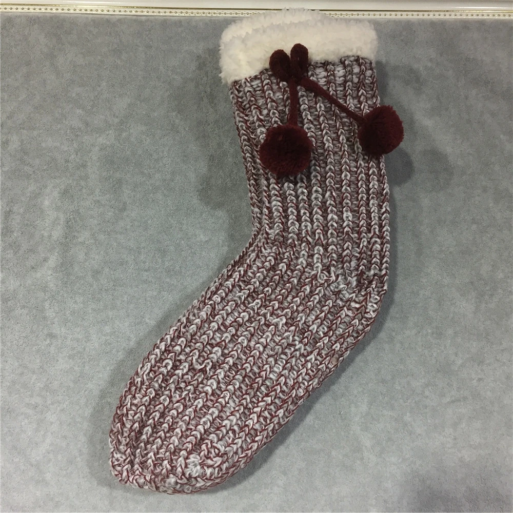 Winter Thick Lurex Slipper Socks for Women Custom Pattern Knitted Room Indoor Socks Faux Fur Floor Socks with Pompom