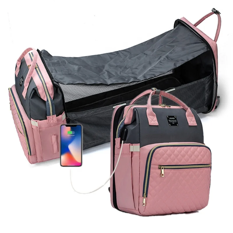 
2020 mommy diaper bag with bed diaper backpack changing station diaper backpack with changing bed USB 