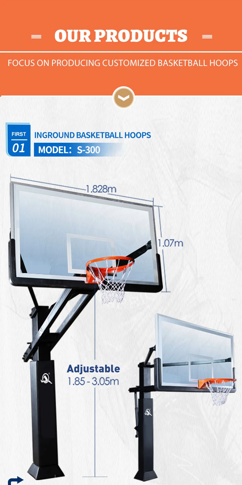 Durable Use Steel Structure Customize Professional Basketball Hoop  Inground Basketball Hoop Height fixed 10 Feet