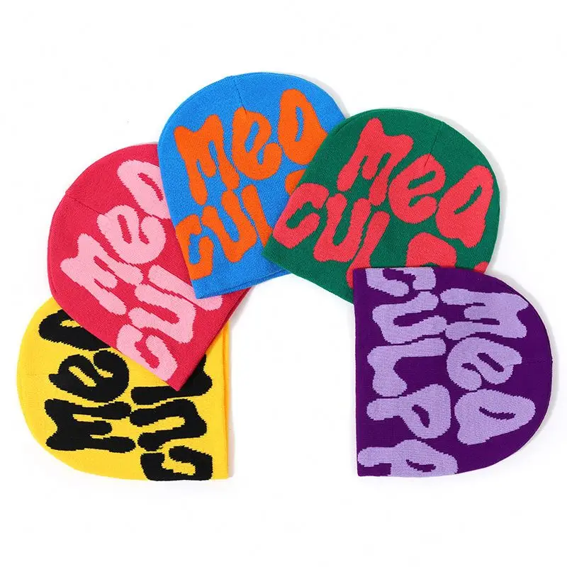 Low MOQ Custom Beanie Manufacturers All Over Print Jacquard Y2K Gothic No Cuff Fold Cuffless Winter Skull Cap Knit Hat With Logo