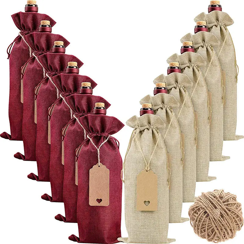 Linna Custom 25 Piece Set 15*25Cm 12 Pcs Wine Bottle Bags With Drawstrings Tags Ropes Burlap Wine Bags Cover For Christmas