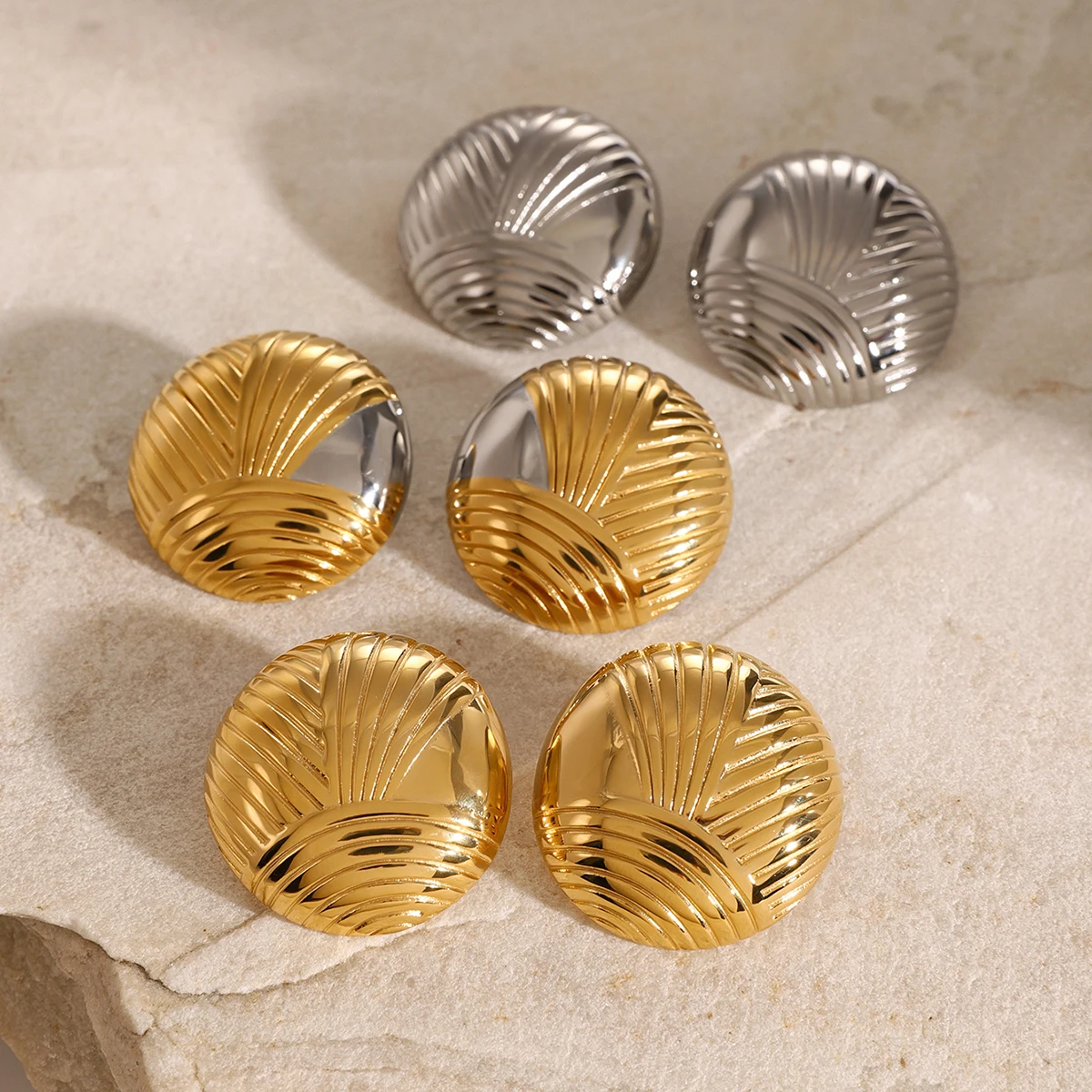 J&D 18K Gold Plated Stainless Steel Vintage Irregular Threaded Earrings Left and Right Pair Hypoallergenic