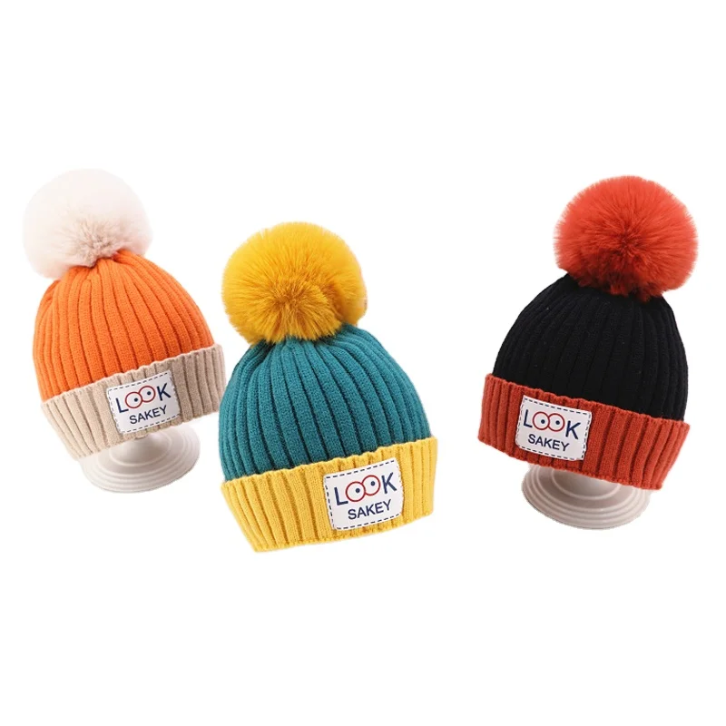 Customization winter baby girl kids hats knitted beanie warm hats and caps custom with faux fur pom
