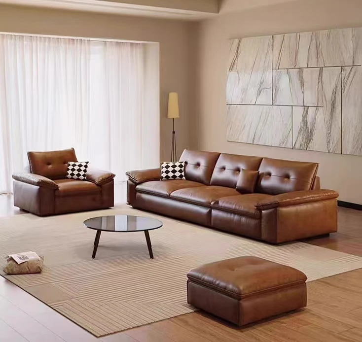 Italian Style Light Luxury Living Room Modern L-shaped Retro Brown Leather Sofa Set Furniture