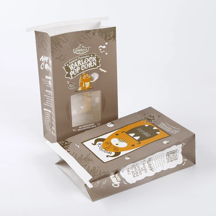 Wholesale Clear Window Chocolate Colored Popcorn Kraft Paper Bag Bakery Dessert Food Bag Side Gusset Bags With Tin Tie