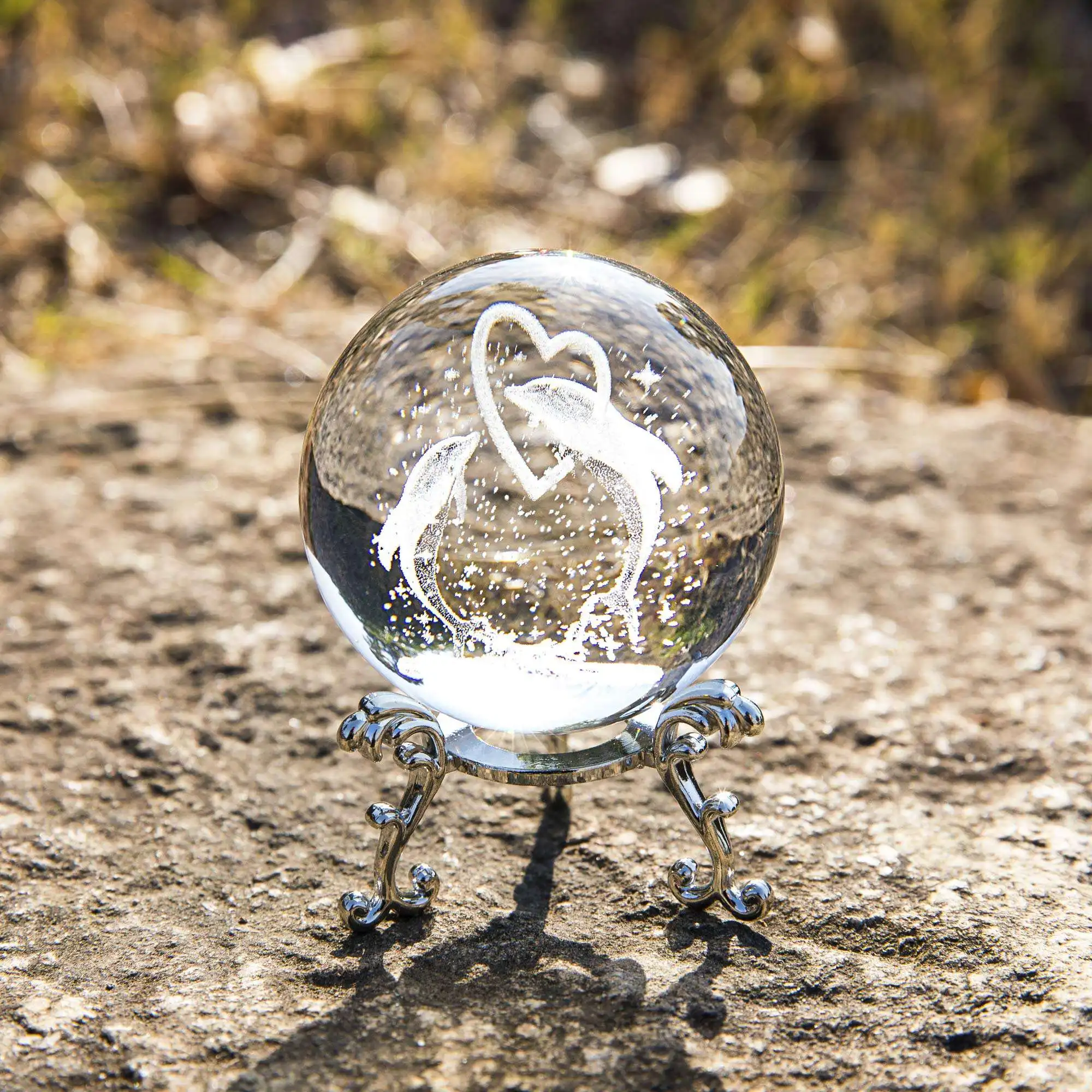 JY Wholesale new fashion thanksgiving gift dolphin figurine 3d laser engraving  crystal glass ball