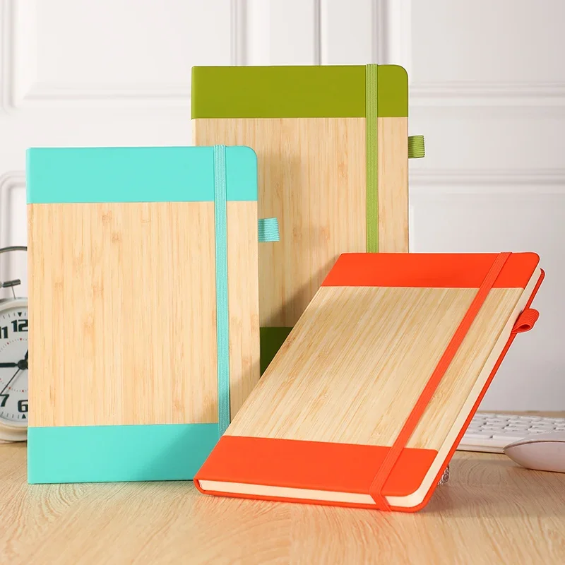 Custom logo A5 Bamboo PU Hardcover Notebook with Pen Holder and Elastic Band Journal 80 Sheets notebooks