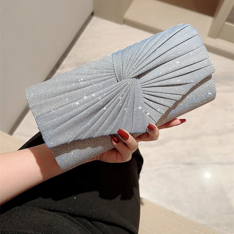 Grey Twinkling Women Party Clutch Bag Purses with Chain Dinner Dress Handbag Evening Wedding Wrinkle Clutch Handbags for Women