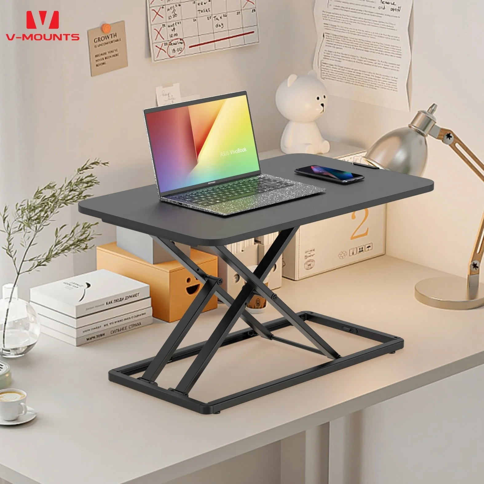 V-mounts Monitor Sit-to-Stand Height Adjustable Gas Spring Riser Laptop Desk Converter Wooden Aluminum Material Office Hotel Use