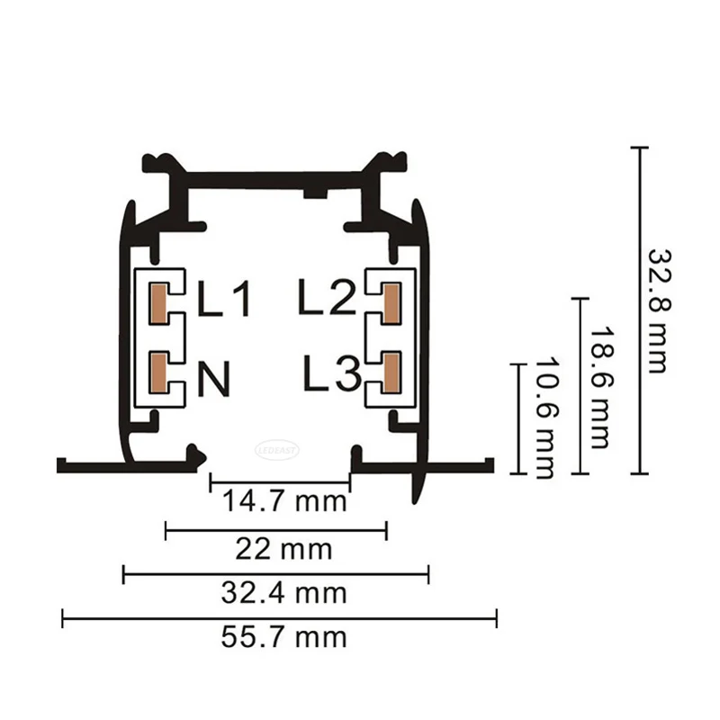 LEDEAST TR045 Built-in 3 Circuit Phase Track Rail Section 4 Pins Guide Rail Trackline For Shops Museums Made in Shenzhen