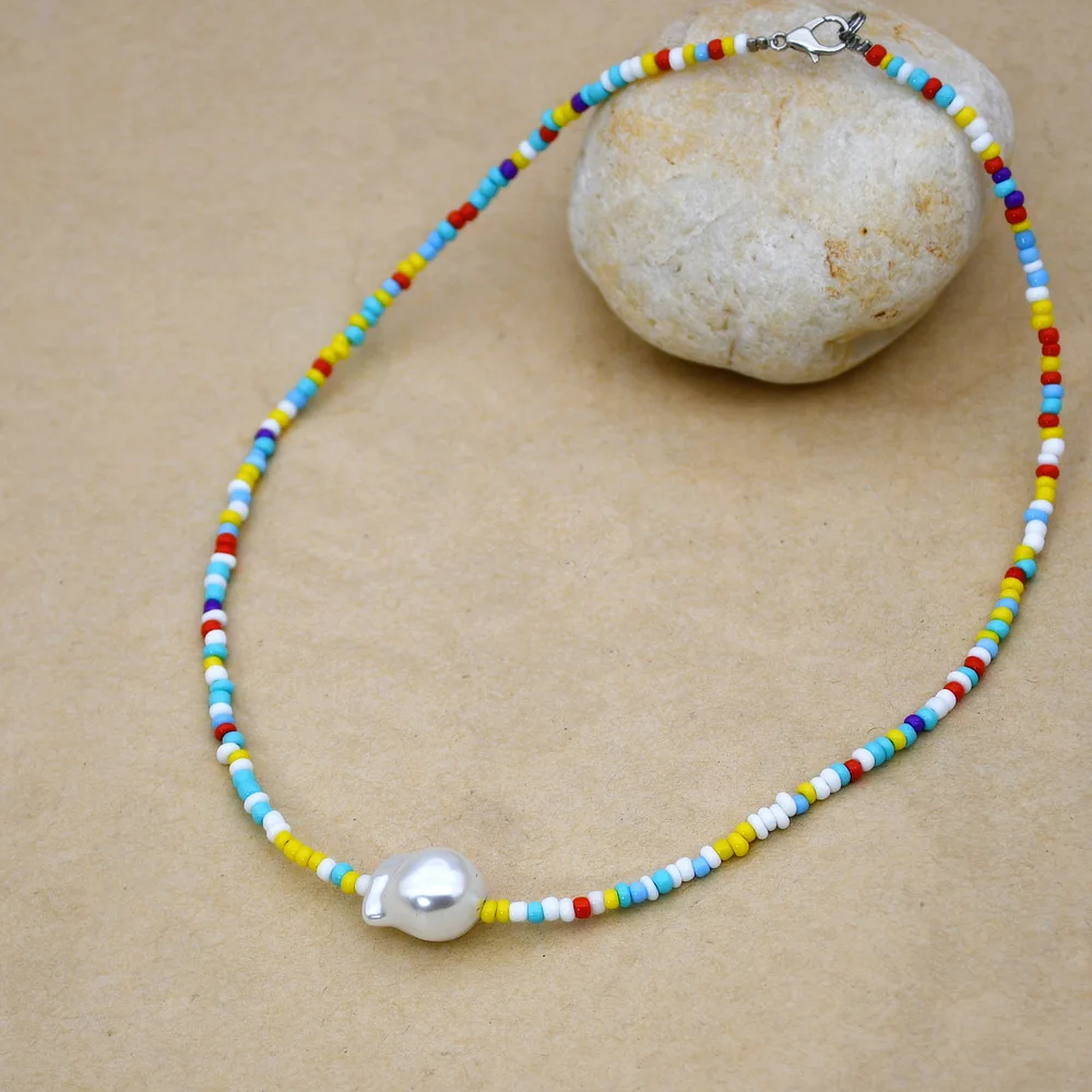 United States Holiday Women Jewelry Colorful Seed Beaded Choker Necklace Cross Female Retro Pearl Collar Jewelry Wholesale