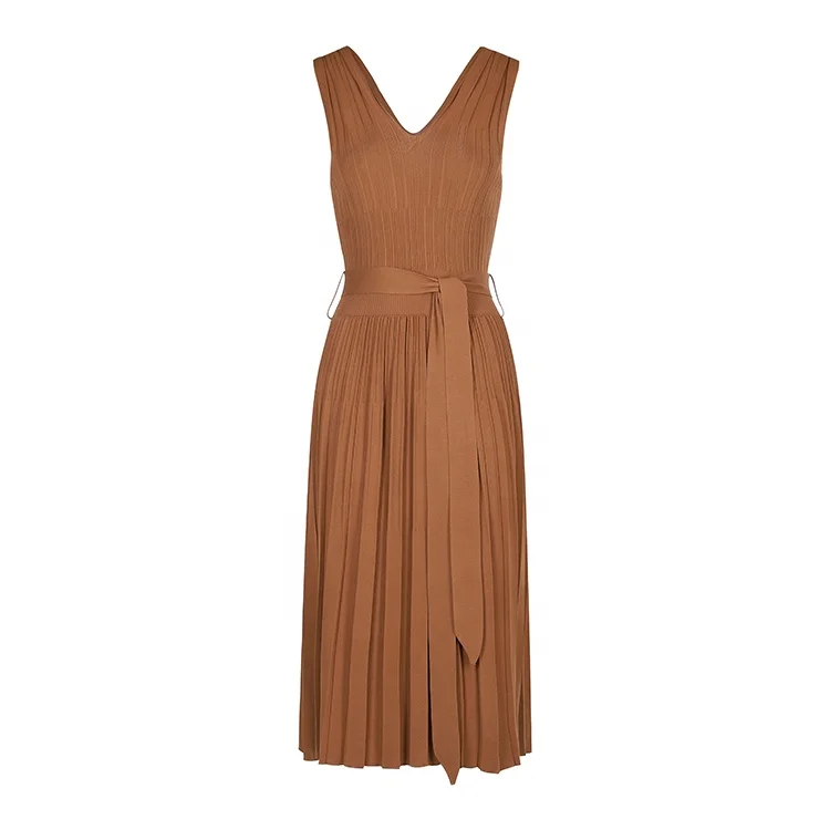Knitwear manufacturer custom summer v neck sleeveless long tight waist women pleated knit dress