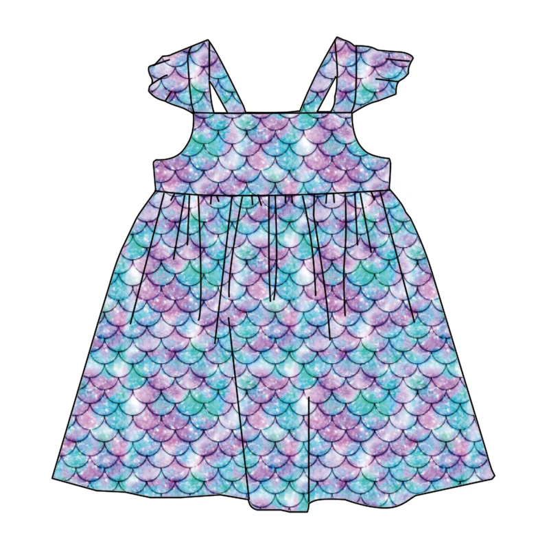 Qingli OEM Hot Selling Kids Scales Printed Flutter Sleeve Baby Milk Silk round neck Dress Girls