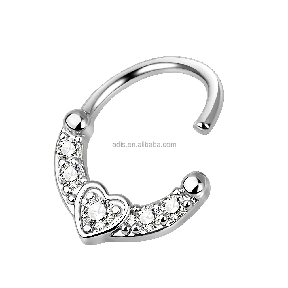 Fashion Glued Gem Surgical Piercing Jewelry Women Nose Ring Heart Shape Stainless Steel Septum Clicke Earring