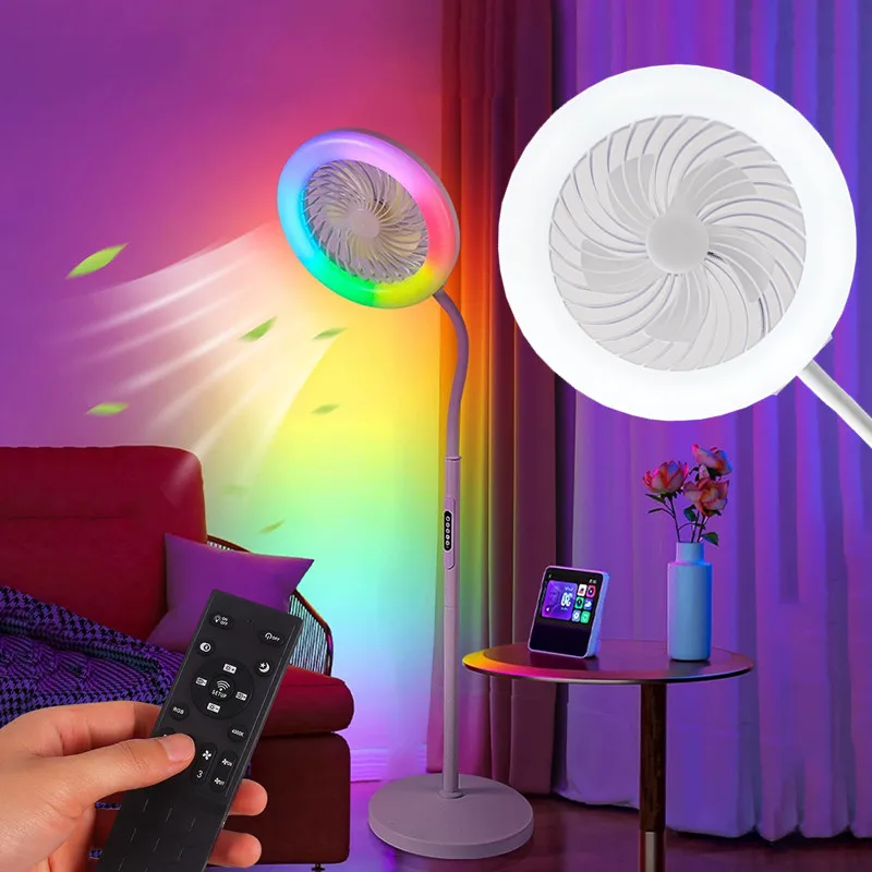RGB LED Floor Lamp with Fan Stepless Adjustable 3000K-6000K Dimmable Remote Control Gooseneck Standing Fans with Lights