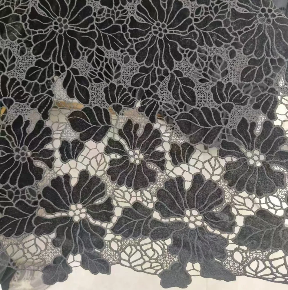 Affinity New Arrival African Black Velvet Sequin Fabric Lace Hollow Guipure Embroidery Lace Fabric with Sequence For Dress woman