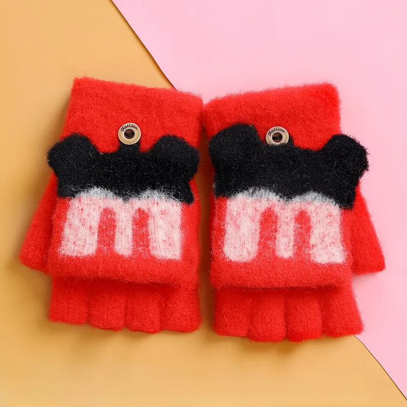 Convertible Flap Cover Kids Knitted Warm Fingerless Gloves With Adorable Rabbit Pattern For Girls Boys